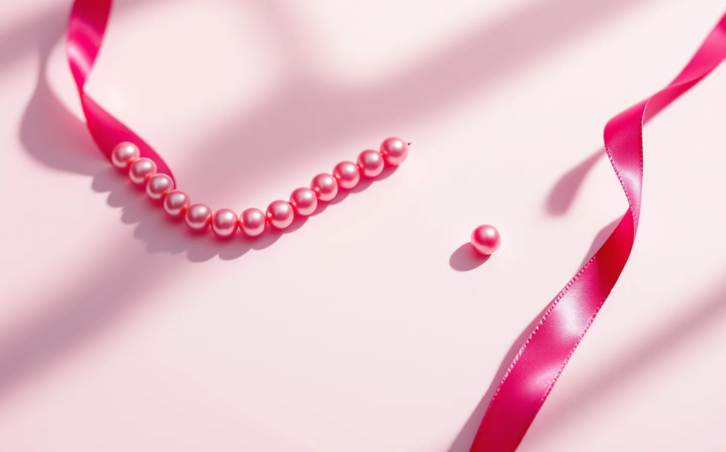 Editorial still-life of 39 pink pearls threaded on a deep-wine satin ribbon on cool paper